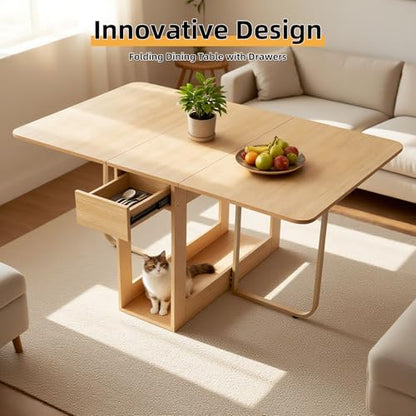 Folding Dining Room Table for 4/6 with 35.4" Extra Wide Space Saving Drop Leaf Table with Lockable Wheels & Storage, Heavy Duty Eco Solid Wood Top 300lb, Convertible Desk for Apartments/RV/Home Office - color: Wood