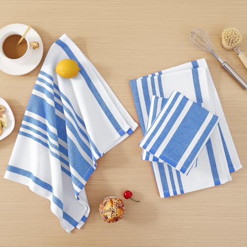 Homaxy Premium Kitchen Towels 18”x 28”, Large Cotton 380 GSM Kitchen Hand Towels, Stripe and Terry Dish Towel, Highly Absorbent Tea Towel Set with Hanging Loop, 8 Pack, Blueberry - color: Blueberry Stripe, style: 8-pack
