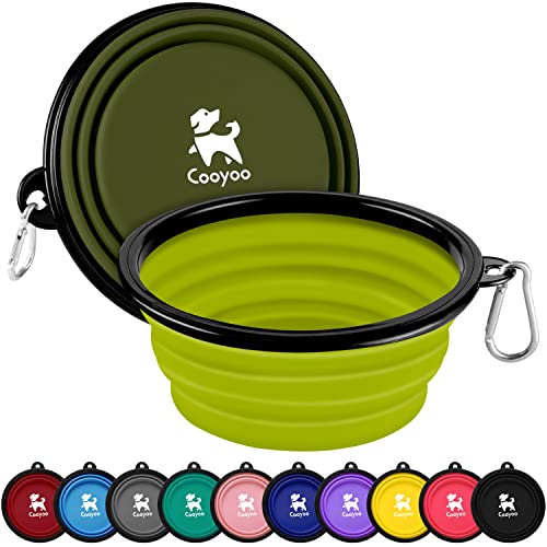 COOYOO Collapsible Dog Bowl,2 Pack Collapsible Dog Water Bowls for Cats Dogs,Portable Pet Feeding Watering Dish for Walking Parking Traveling with 2 Carabiners - color: 01#Avocado Green+Dark Green, size: Large