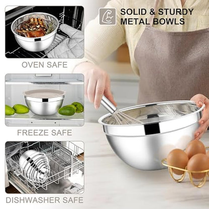 E-far Mixing Bowls with Lids Set, 21PCS Stainless Steel Mixing Salad Bowls with 3 Grater Attachments, Size 7, 4.6, 3.5, 2.6, 2, 1.5, 1QT, Nesting Design & Khaki Airtight Lid, For Baking/Prepping - color: Khaki, size: 7 Large Sizes