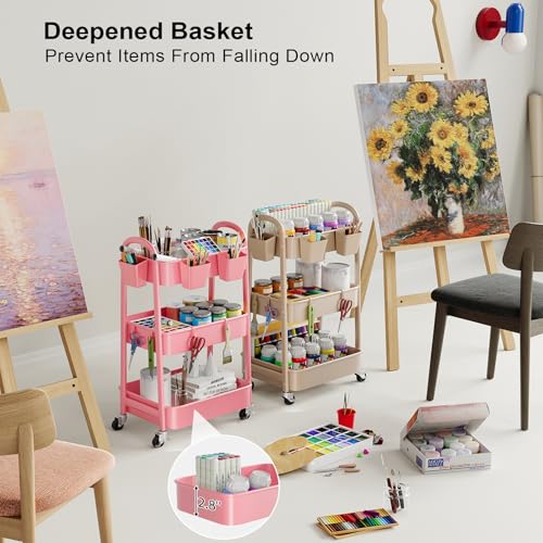 Beige 3 Tier Rolling Cart Metal on Wheels, Three Tiered Storage Organizer Utility Trolley with Wheels for Art, Craft, Baby Diaper Caddy, Snack, Book, Nail, Lash, Cleaning Supplies, Kitchen, Bathroom - color: Light Beige