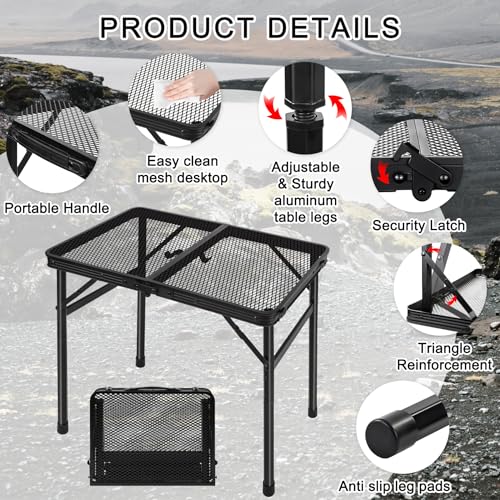 Grill Table Camping Table Portable Folding Table,Height Adjustable Collapsible with Mesh Desktop,Lightweight Metal Table for Camp, BBQ, Picnic, RV, Outdoor Cooking, Travel