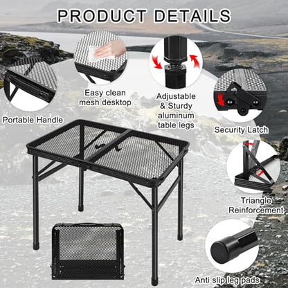 Grill Table Camping Table Portable Folding Table,Height Adjustable Collapsible with Mesh Desktop,Lightweight Metal Table for Camp, BBQ, Picnic, RV, Outdoor Cooking, Travel