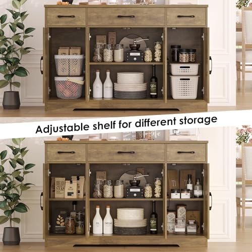 HOSTACK Buffet Sideboard Cabinet with Drawers, 55" Large Buffet Storage Cabinet with Shelves and Doors, Modern Farmhouse Coffee Bar Station Wood Kitchen Table for Kitchen, Dining Room, Rustic Brown - color: Rustic Brown