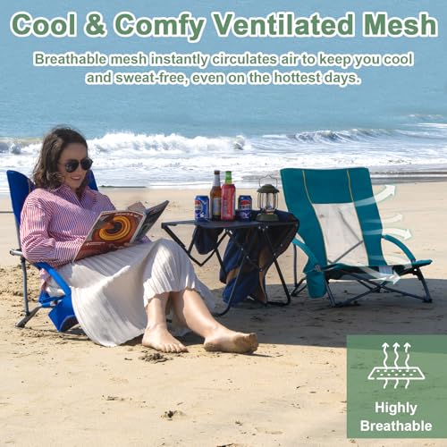 Romswi Low Beach Chairs for Adults 2 Pack, Lightweight Folding Sand Chairs with Breathable Mesh Back & Cup Holder, Portable Compact Camping Chairs, 300lbs Capacity,Green - color: Green - Low Back