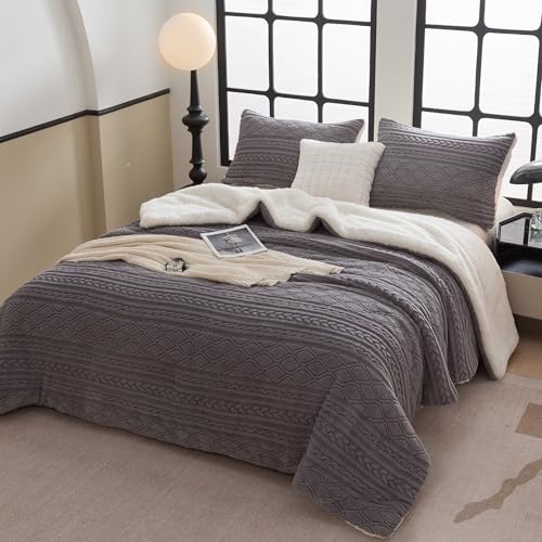 COTTEBED Reversible Sherpa Fluffy Comforter Queen Set, Boho Tufted Bedding Down Blanket Comforter Set, Ultra-Soft Washed Cotton Shabby Plush Fleece Sherpa Thick Warm for Winter Autumn, Grey Full Queen - color: Dark Gray, size: Full/Queen(Sherpa)