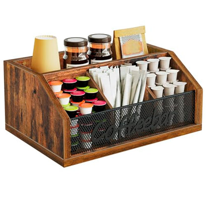 YATINEY Coffee Pod Organizer, Wooden Coffee Bar Organizer for Countertop, Versatile Pod Holder with Dividers, Holds Syrup, Cups, Tea Bags, Easy Assembly, Rustic Brown KH11BR - color: Rustic Brown + Black