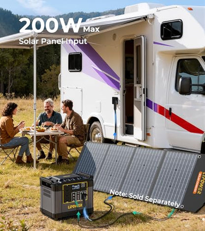 Lipower Portable Power Station with 200W Solar Panel,1200W(2000W Peak) Solar Generator,1075Wh LiFePO4 Battery,Plug & Play Battery Backup,IP68 Waterproof ETFE Portable Solar Panels for Camping - size: 1075Wh+200W Solar Panel