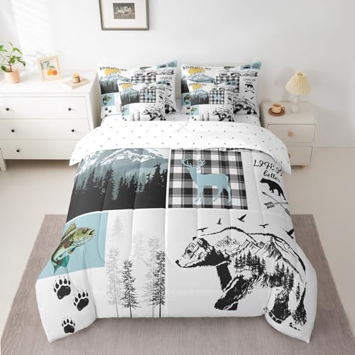Erosebridal Cabin Bear Deer Comforter Set Full 7 Piece Hunting Fishing Bass Fish Bedding Set with Sheets,Rustic Farmhouse Buffalo Plaid Bed in A Bag for Kids Boys Men Woodland Animal Bed Set - color: Black Blue White, size: Full