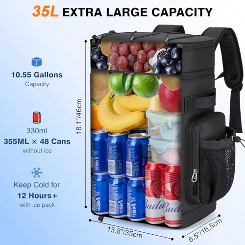 Insulated Cooler Backpack, 35L Leakproof Backpack with Double Compartments for Men & Women, Large Lunch Cooler for Camping, Beach, Travel, Picnic, Up to 48 Cans - color: Black