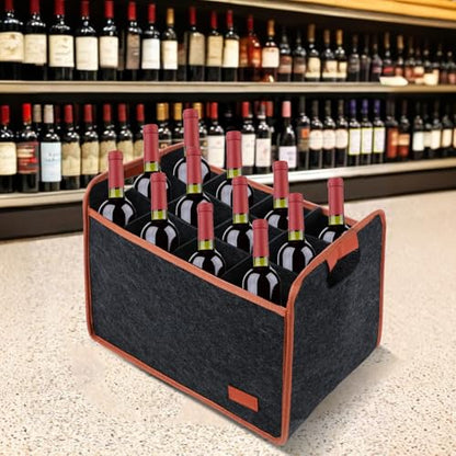 2 Pack 12 Bottle Wine Tote Bag Insulated Thermal Padded Collapsible Wine Carrier with Handles Reusable Felt Storage Box for Travel, Picnic, Party (Dark Gray)