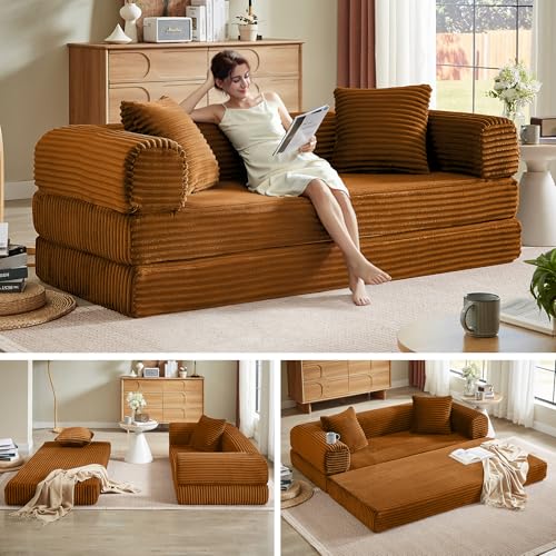 Boneless Couch Futon Sofa Bed Sectional Couches for Living Room,Cloud Couch with Sleeper Sofa,Sofas for Living Room Oversized Corduroy Upholstered (Orange, 76 Inches (No Iron Frame)) - color: Orange, size: 76 Inches
