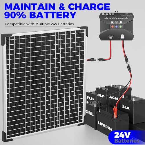 Voltset 50W 24V Solar Panel Kit, Solar Battery Maintainer with MPPT Charge Controller Adjustable Bracket, Solar Battery Charger for RV Car Boat Tractor and Camping - size: 50W-24V