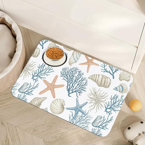 Starfish Dog Food Mat for Floors,Coral Shell Ocean Absorbent Quick-Dry Pet Feeding Mat, Cat Dog Bowl Mats for Food and Water,Non-Slip Pet Accessories Supplies 12"x20" - color: Starfish Coral Shell Ocean, size: 12"×20"