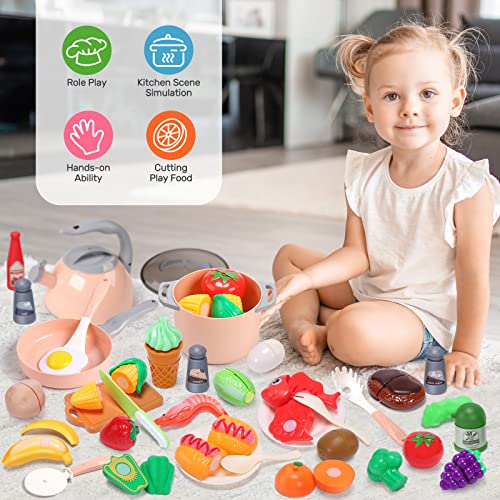 CUTE STONE Toy Kitchen Accessories Set, Play Food Sets for Kids Kitchen, Kids Cooking Sets with Play Pots and Pans, Utensils Cookware Toys, Toddler Kitchen Playset, Play Kitchen Toy for Girls Boys - style: Pink Cooking Set