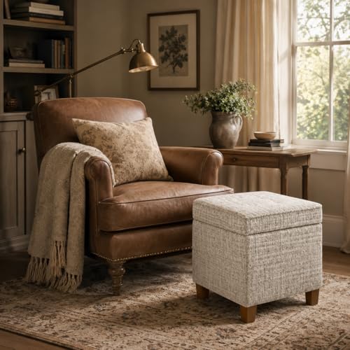 HomePop 18" Square Tufted Storage Ottoman - Cream Textural Woven - color: Cream Textural Woven