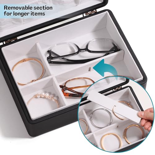 LAMOTI 2-Layer Jewelry Box for Women, Floating Effect Leather Jewelry Organizer with Detatchable Tray for Rings, Earrings, Necklaces & Bracelets (Black)