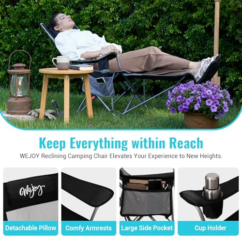 #WEJOY 2-in-1 Reclining Camping Chair with Footrest for Adults Folding Lounge Chair with Adjustable Backrest Lightweight Camping Chairs Heavy Duty Camp Chairs for Outdoor - color: Black Grey