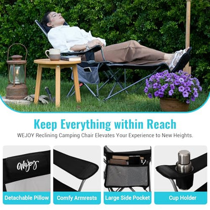 #WEJOY 2-in-1 Reclining Camping Chair with Footrest for Adults Folding Lounge Chair with Adjustable Backrest Lightweight Camping Chairs Heavy Duty Camp Chairs for Outdoor - color: Black Grey
