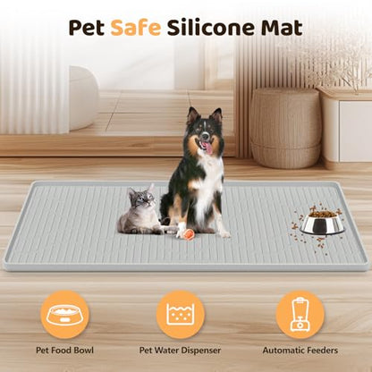 Silicone Cat & Dog Food Mat, 27" x 27" Large Pet Feeding Mat for Cats and Dogs Bowl, Pet Placemat for Food and Water with Raised Edge, Waterproof, Leakproof (Grey) - size: 27"L x 27"W
