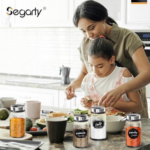 Segarty Spice Jars Set, 3 Pack 6 oz Glass Spice Jar with Labels, Seasoning Bottles Set with 136 Blank Stickers, 1 Chalk Marker, 1 Brush, Salt and Pepper Shakers with Ajustable Holes Lids - size: 7oz / 200ml