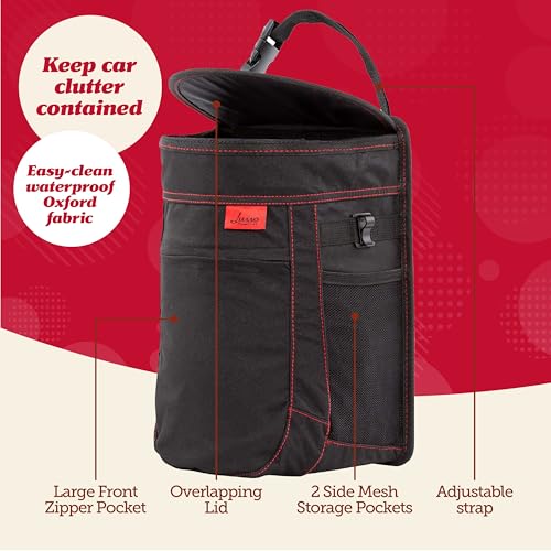 Lusso Gear Spill-Proof Car Trash Can (2 Pack) - Easy to Clean Hanging Garbage Bin - Leak-Proof, Removable Liner, Waterproof - Keeps Truck, SUV, Car, Minivan Clean & Odor Free (Black, Red Stitching) - color: 2-Pack Black, Red Stitching, style: 2.5 Gal