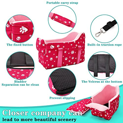 Center Console Dog Car Seat for Small Dogs Under 15 lbs - Detachable Washable Carrier with Safety Belt & Storage Pockets, Pink - color: Rose Red