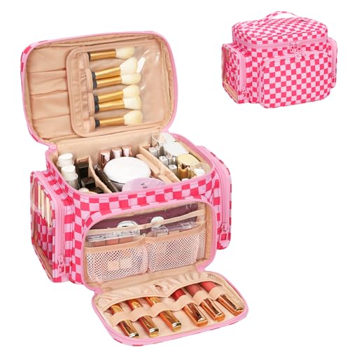Bagmoly Large Checkered Makeup Bag, Travel Makeup Bag Organizer for Women Girls with Makeup Brush Compartment & Two Side Pockets, Cosmetic Travel Bag Vertical Storage Toiletry Bag- Hotpink - color: 04-Hotpink Checkerboard, size: Medium