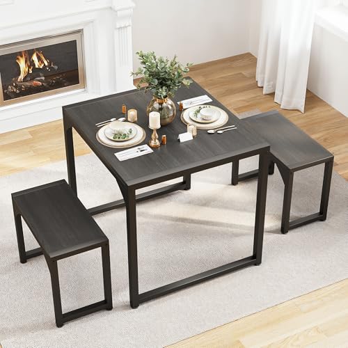 Gizoon Dining Table Set for 2, Kitchen Table Set for 2 with Steel Frame, Kitchen Table with 2 Benches for Small Space, Space Saving Design for Restaurant, Living Room, Black - color: Black, size: seat for 2