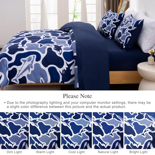 Meeting Story Twin Camo Bedding Set 5 Piece for Boys, Ocean Camo Comforter Set with Shark & Whale, Soft Lightweight All Seasons Kids Bedding Set(Navy,Twin)