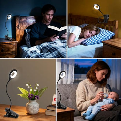 Akynite Desk Lamp LED Clip on Light, 5 Modes 5 Brightness Dimmable Clamp Light, Rechargeable Battery Flexible Clip on Reading Lamp for Bed Headboard Bunk Bed at Night for Kids (Black) - color: Black