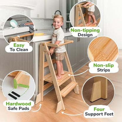 OCODILE Adjustable Foldable Toddler Tower – Folding Tower for Kids | Montessori Toddler Kitchen Step Stool Helper for Independence - Varnished - color: 3 - Varnished