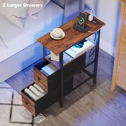TRIFEBLE End Table with Charging Station, Narrow Side Table with 2 Fabric Drawers, Skinny Nightstand with LED Light, Slim Bedside Table for Bedroom, Living Room, Small Spaces, Rustic Brown - color: Rustic Brown