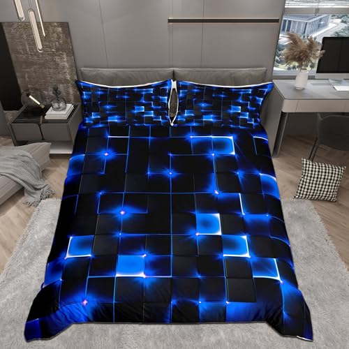 Castle Fairy Geometric Bedding Set King Size for Teens,3D Abstract Modern Square Grid Print Comforter Cover with 2 Pillowcases,Shiny Blue Neon Light Black Duvet Cover Set Microfiber Quilt Cover - color: Color 08, size: King 104"x90"