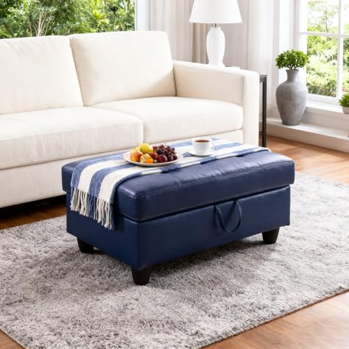 Leather Storage Ottoman Footstool Bench for Living Room Furniture,33.5" Large Square Foot Rest Stool Coffee Table,Leather Sofa Chair for Home Decor,Living Room,Bedroom,Apartment,Rv Car(Blue) - color: Blue 33.5