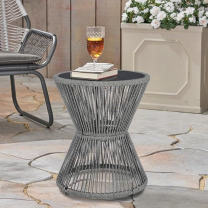 SUNNYPARK Outdoor Side Table 20'' H Small End Tables Woven Rope Weather Resistant with Glass Top Round Coffee Table for Indoor Balcony Patio Poolside (Gray) - color: Grey