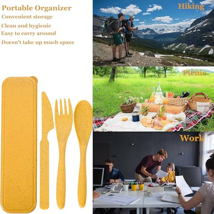 Wheat Straw Utensils Set with Case, Reusable Travel Cutlery, BPA-Free Portable Spoon Fork Knife, Eco-Friendly Flatware for Camping, Hiking & Picnic (Pink & Yellow) - color: Pink yellow