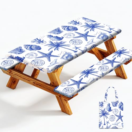 Picnic Table Cover with Bench Covers Elastic Edges, Outdoor Patio Camping Essentials 72 Inch 3PCS, Waterproof Camping Fitted Tablecloth with Handbags (Vintage ocean theme) - color: Ocean Elements, White, size: 72" x 30" (Rectangular)