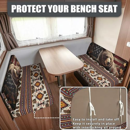 RV Cushion Covers Camper Slip Covers with Aztec American Flag Bear Print for RV Furniture Dinette Booth Set with 1 Bench & 1 Backrest Covers - color: Aztec American Flag Bear