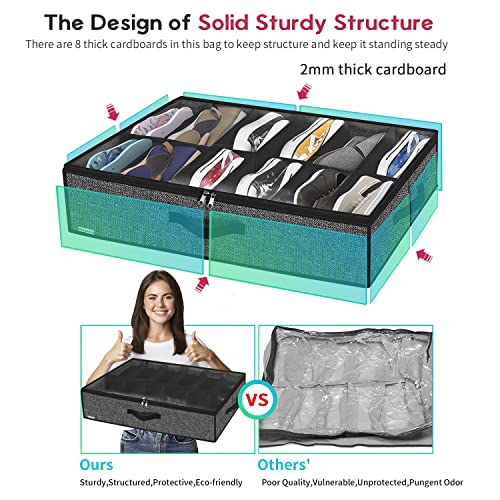 Onlyeasy Under Bed Shoe Storage Organizer with Sturdy Handles and Clear Window 1 Pack Fits 12 Pairs, Premium Foldable Underbed Shoes Container Box for Closet, Linen-like Black, MXAUBSB1P - color: Linen-like Black 1 Shoes (12 Cells)