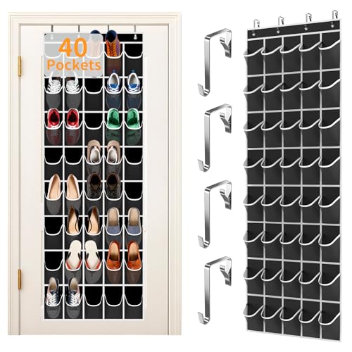 Over the Door Shoe Organizer with 40 Large Pockets, Multi-Purpose Storage for Shoe and Accessories, Durable Fabric with Adjustable Hooks for Home Closet Bedroom Entryway-Black - color: Black
