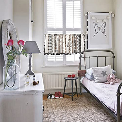RYNGHIPY Boho Window Valance Cotton Linen Curtain Tiers Farmhouse Window Curtain Topper for Kitchen Living Room Bedroom 55 x 24 Inches Length - color: Cream Black, size: 55"W x 24"L (Pack of 1)