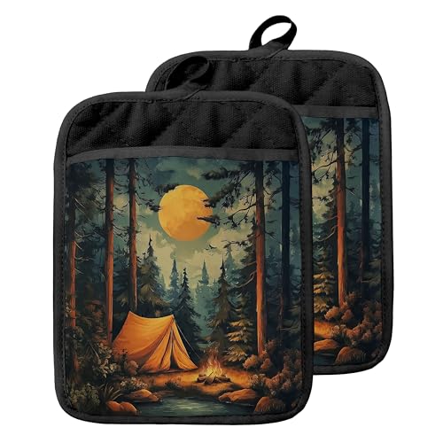 Vintage Moonlit Forest Camping Site Pot Holders with Pockets, Gifts for Camping Lovers, Camper Gifts Oven Pot Holders Heat Resistant Oven Mitts Hot Pads for Kitchen Baking Cooking - color: Campfire-d