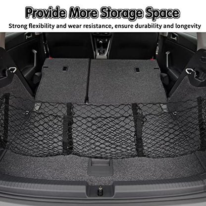 Tallew 2 Pcs Car Rear Cargo Net, Adjustable Elastic Mesh Cargo Net, 3 Pocket Heavy Duty Trunk Bed Storage Organizer, Universal for Car SUV Vehicle Pickup Truck with Accessories(43.3 x 15.7 Inches)