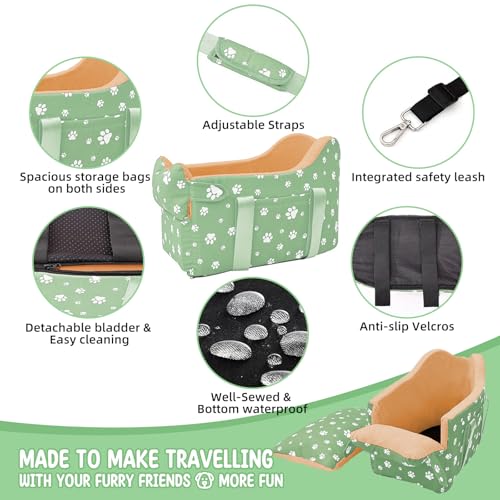 Dog Center Console Car Seat for Small Dogs Under 15lbs,Detachable Washable Booster Pet Car Seat Travel Bed with Storage Pockets and Seat Belt(Green) - color: Green