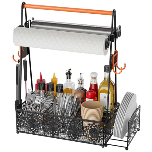 EKNITEY Outdoor Grill Caddy Organizer: Camping Kitchen Accessories Rack With Paper Towel - Utensil Condiment Storage For Patio Camper BBQ Party RV - color: Orange and black