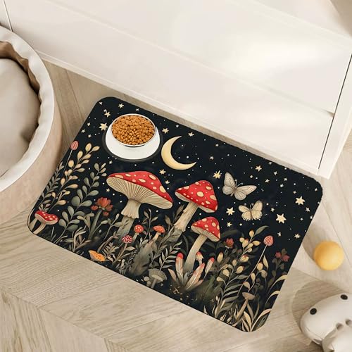 Red Mushrooms Pet Feeding Mat,Wildflower Plant Butterfly Absorbent Quick-Dry Cat Dog Food and Water Bowl Mats,Non-Slip Rubber Backing Mat,Cat Dog Accessories Supplies 12"x20" - color: Red Mushrooms Wildflower Butterfly, size: 12"×20"