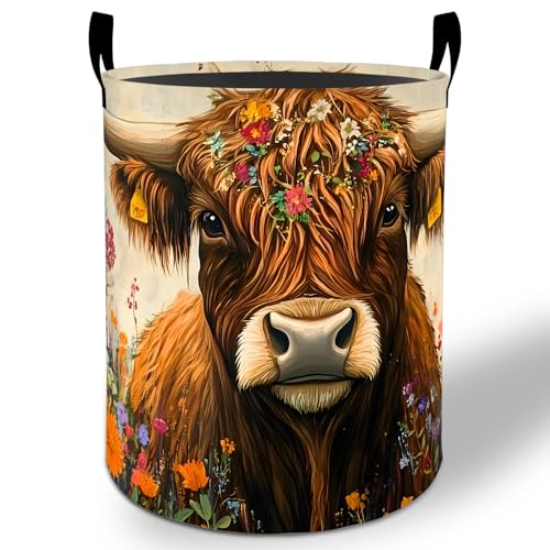 Highland Cow Laundry Basket Hamper 19.7"x15.8", Farm Animal Foldable Waterproof Oxford Clothes Storage Bucket for Room Bathroom Bedroom Nursery Decor, Toy Organizer Bins Gifts for Kids Boys Girls - style: Highland Cow02