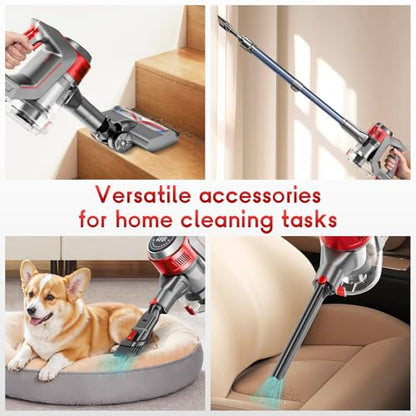 BSNAW Cordless Stick Vacuum Cleaner - Rechargeable, 35Kpa Powerful Vacuums with Detachable Battery, LED Display, 45Mins Runtime, 8 in 1 Handheld Vacuum for Hardfloor & Carpets Pet Hair, Red