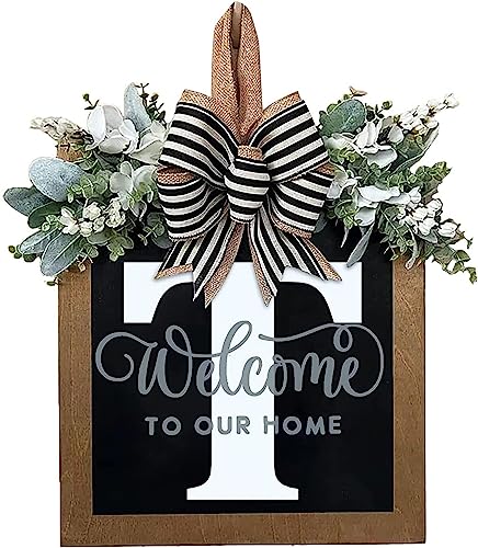 Last Name All Year Round Front Door Wreath with 26 Initial Letter Welcome Sign All Seasons Eucalyptus Garland and Bow ，Farmhouse, Porch, for Spring Summer Fall All Seasons Holiday Halloween Christmas.（T） - color: T